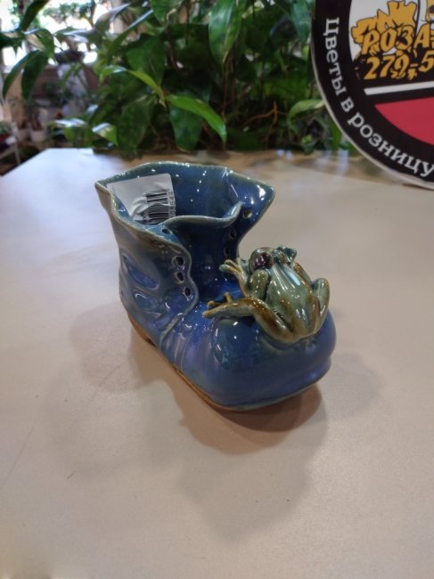 Вазоны. Вазон «Ботинок с лягушкой синий» 8*13*10 см